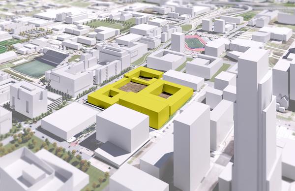 前文娱大礼堂旧址的新发展效果图, 新建筑用黄色标出.
